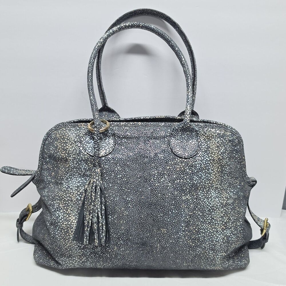 Clever Carriage Blue Cream Spotted Gray Leather Bag Stingray Shagreen Embossed